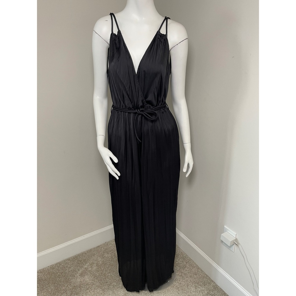 Zara Black Pleated Plunge V-Neck Jumpsuit Wide Leg Satin Finish Size L